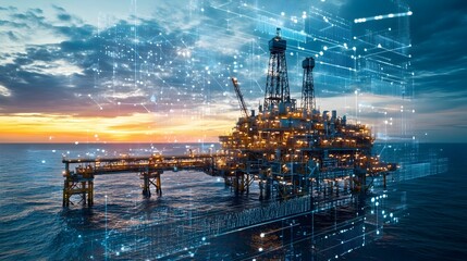Edge computing processing data in real time to optimize energy production on an offshore oil rig platform with clear blue skies and ample copy space for overlays
