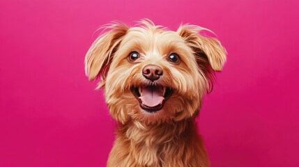A happy dog with brown fur and a pink background.