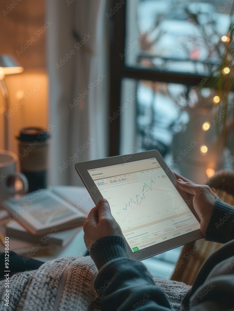 Leinwandbilder a individual sits in a cozy room, intently reviewing stock market data on a tablet as warm lights cr