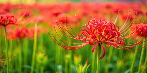 Vibrant red spider lily blooming in a field , nature, flower, red, vibrant, lily, plant, petal, blossom, garden, summer, beauty