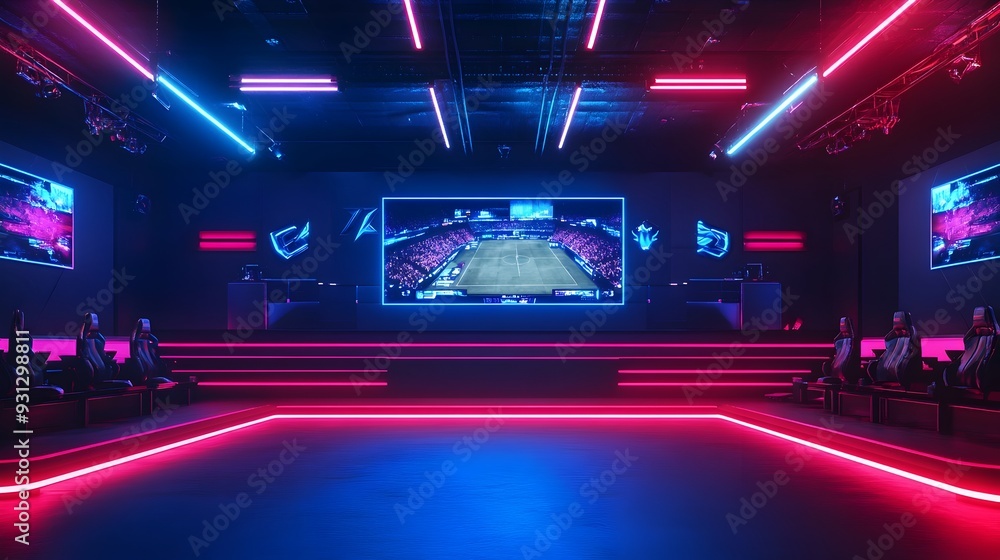 Poster futuristic e sports arena filled with intense neon lighting and a large screen displaying a live gam