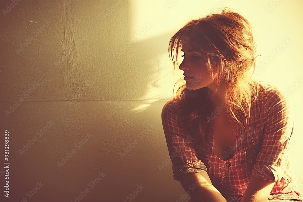 Poster woman in soft lighting sitting alone with contemplative expression exuding vulnerability solitude an