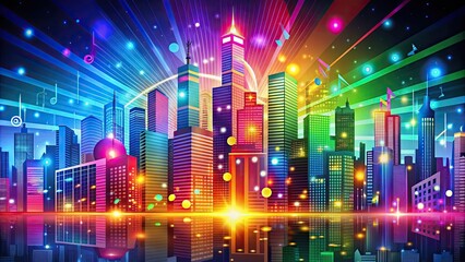 Fototapeta premium Vibrant cityscape with colorful graphics and music notes in a disco-themed celebration, , music,art, design, city