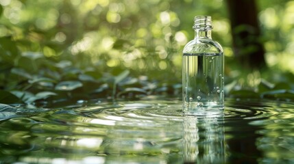 Forest background surrounded by clean and simple background. Close-up, glass bottle on water, center element, simple style, clear details, water ripple, natural elements.