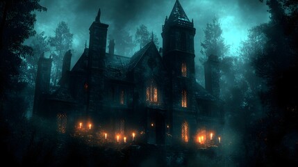 Obraz premium Mysterious Gothic Manor in Foggy Forest at Night