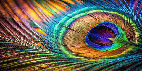 Obraz premium Closeup of a vibrant peacock feather with intricate details, peacock, feather, closeup, colorful, vibrant, pattern, eye