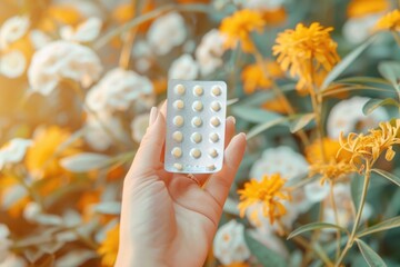 Female Hand Holding Birth Control Pills Blister Against Colorful Floral Background - Health and Nature Concept