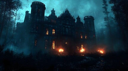 Fototapeta premium Mysterious Haunted Castle in Dark Forest at Night