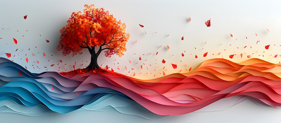 Vibrant Paper Tree with Flowing Autumn Leaves in Pastel Landscape Design
