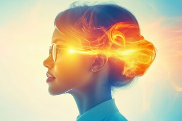 Young woman with glowing light glasses surrounded by vibrant colors embodying creativity innovation and modern style ideal for artistic and futuristic themes