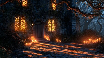 Mysterious Old House with Candlelight at Night