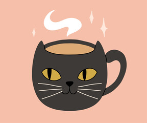 Vector collection of cute Halloween mugs. Hot cocoa with marshmallow, coffee and tea cups with cute faces, ghost, pumpkin, witch black cat and skull. Flat cartoon illustration on pink background