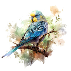 Obraz premium Watercolor illustration of budgies isolated on a transparent background, blue and green parrot ,budgerigar , bird, transparent background PNG