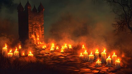 Mystical Candlelit Path Leading to a Stone Tower