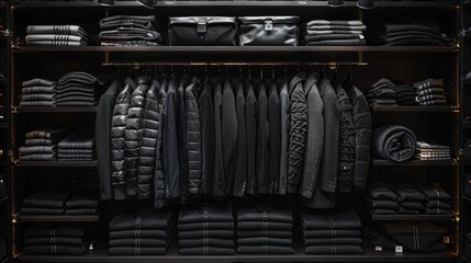Minimalist Wardrobe with Black Clothing and Accessories Neatly Organized in a Modern Closet