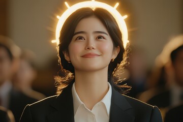 Woman in formal attire with a glowing halo embodying leadership wisdom and serenity ideal for themes of empowerment professionalism and modern spirituality