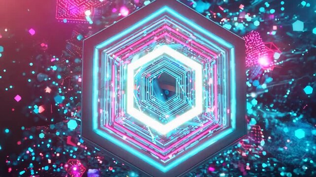 Neon Hexagon Gateway: A mesmerizing digital art piece with a glowing neon hexagon tunnel, surrounded by vibrant particles, creating a futuristic and ethereal atmosphere. The intricate geometric patter