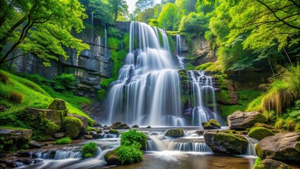 Obraz premium A stunning waterfall cascading down rocks surrounded by vibrant green trees and foliage, waterfall, lush, green, forest