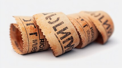 Stack of vintage paper tickets on a white background.