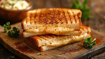 Delicious grilled cheese sandwich with melted cheese on rustic wooden board garnished with herbs and spices, perfect for a comforting snack.
