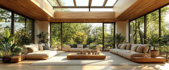 Fototapeta premium Living Room With Skylights, Wooden Accents, Airy And Bright, Natural Elements