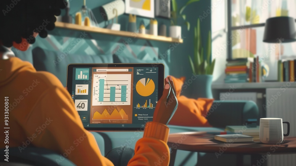 Poster a person relaxes on a couch while examining financial data on a tablet, engaged with a money-making 