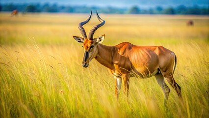 Fototapeta premium Hartebeest grazing in tall grass on the plains of Central Serengeti, Hartebeest, grass, Serengeti, wildlife, safari, Africa