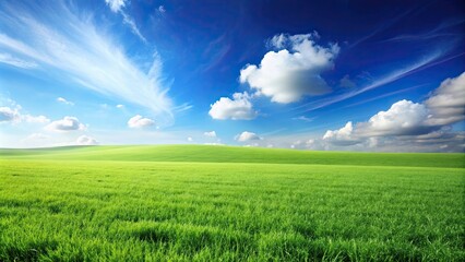 Obraz premium Field of lush green grass under a clear blue sky , nature, landscape, outdoor, meadow, peaceful, serene, tranquil