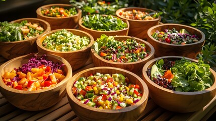 Fototapeta premium A variety of colorful salads in wooden bowls, vibrant hues, soft daylight, photorealistic style, crisp textures, refreshing and healthy atmosphere, serene mood