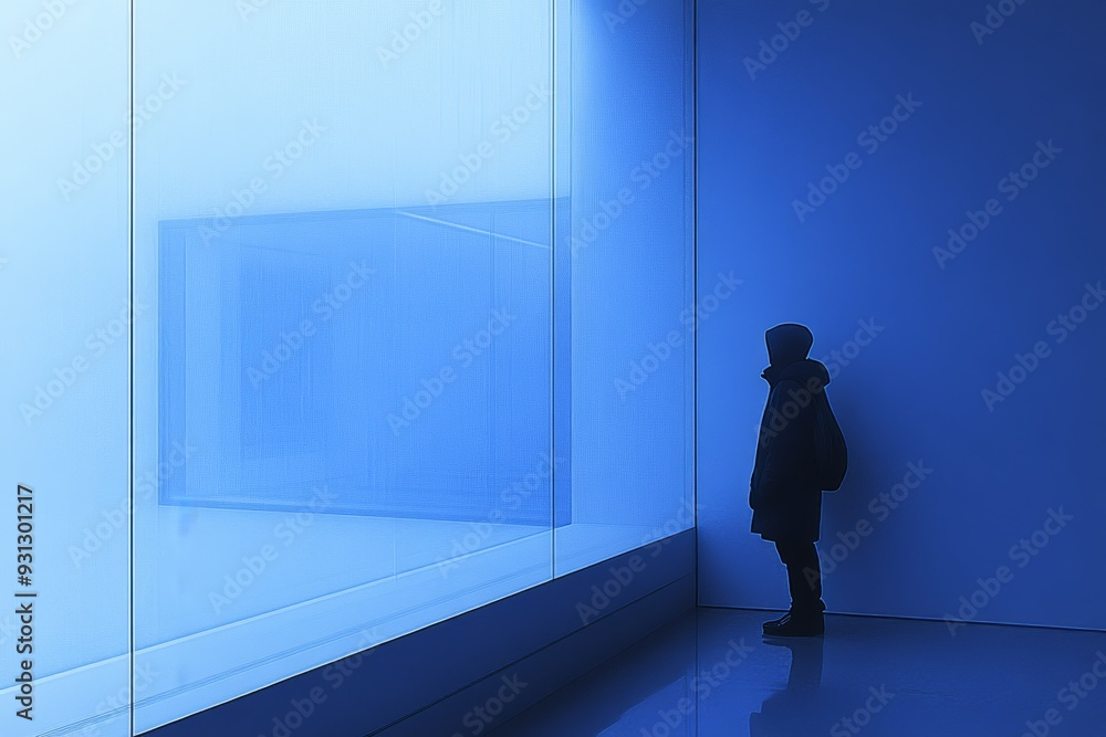 Poster mysterious silhouette of a person in a minimalist glowing blue space evoking solitude introspection 