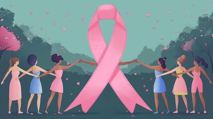 Illustration of women of different ethnicities holding hands in a circle around a large pink ribbon, representing unity in breast cancer awareness cartoon Vector Illustration
