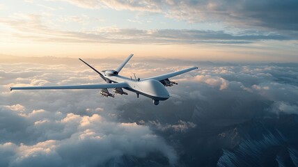 Obraz premium Military drone soaring through cloudy sky on reconnaissance mission.