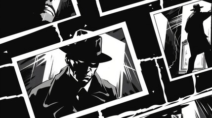A mysterious figure in a fedora, shrouded in shadows, evocative of classic noir photography and suspenseful storytelling.