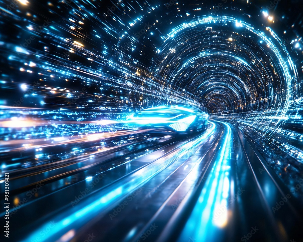 Poster a dynamic and vibrant composition of light trails in a tunnel, representing speed and technology in 