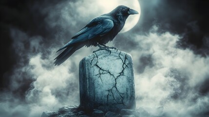 Fototapeta premium Raven on Tombstone in Foggy Night