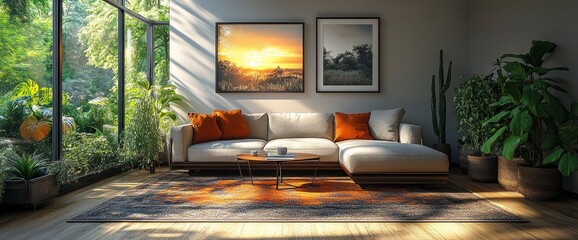 Living Room With Sofa, Armchair, Cactus, Coffee Table, Cozy Atmosphere, Natural Light