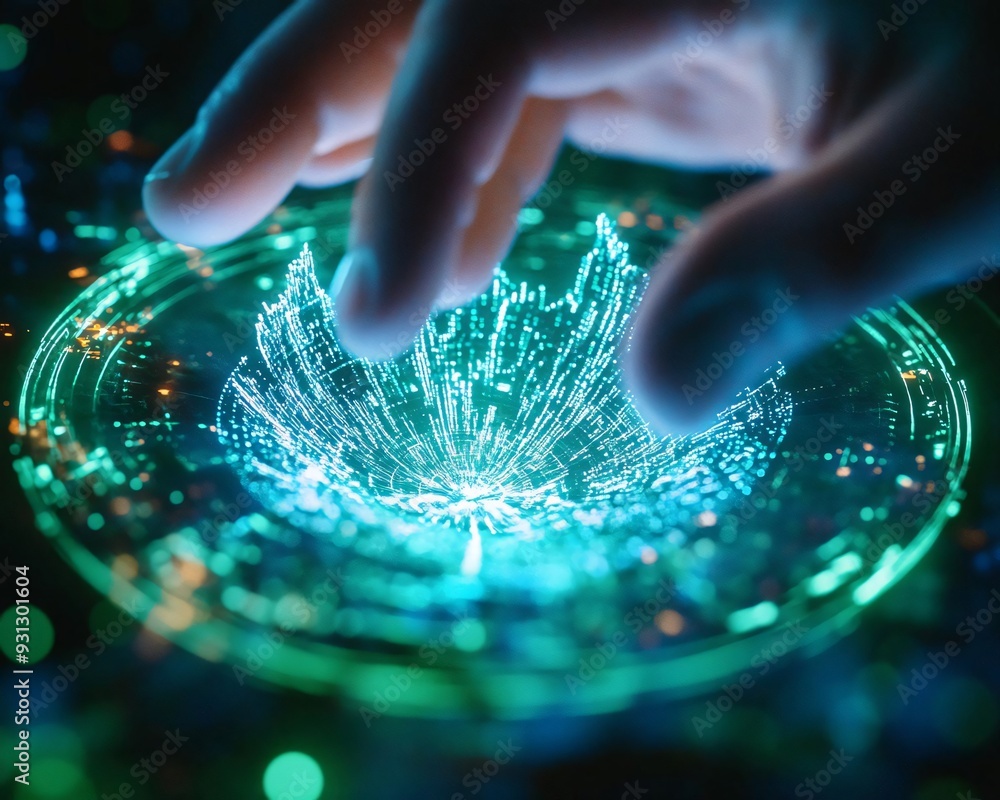 Poster a hand interacts with a glowing holographic display, creating an intricate pattern of light and ener