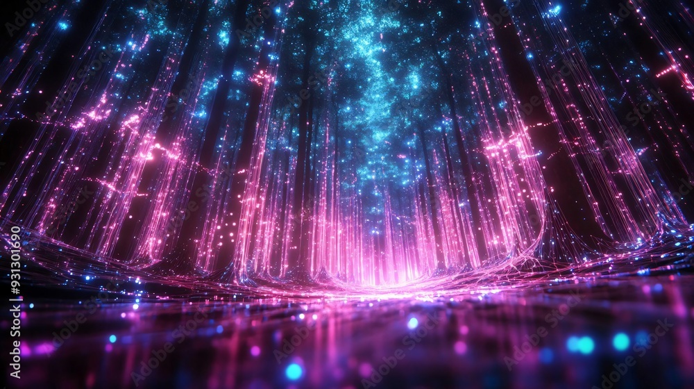Poster a mesmerizing digital landscape filled with vibrant colors and glowing particles, creating a futuris