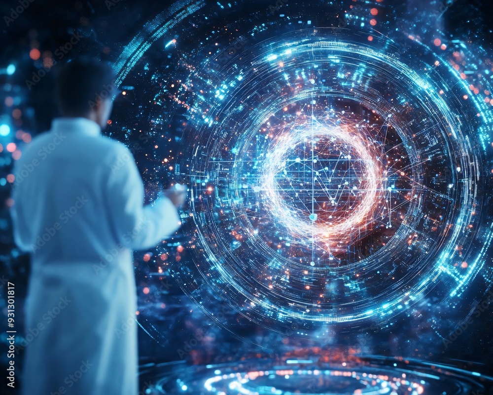 Poster a scientist engaging with futuristic technology, exploring digital data and holographic visuals in a