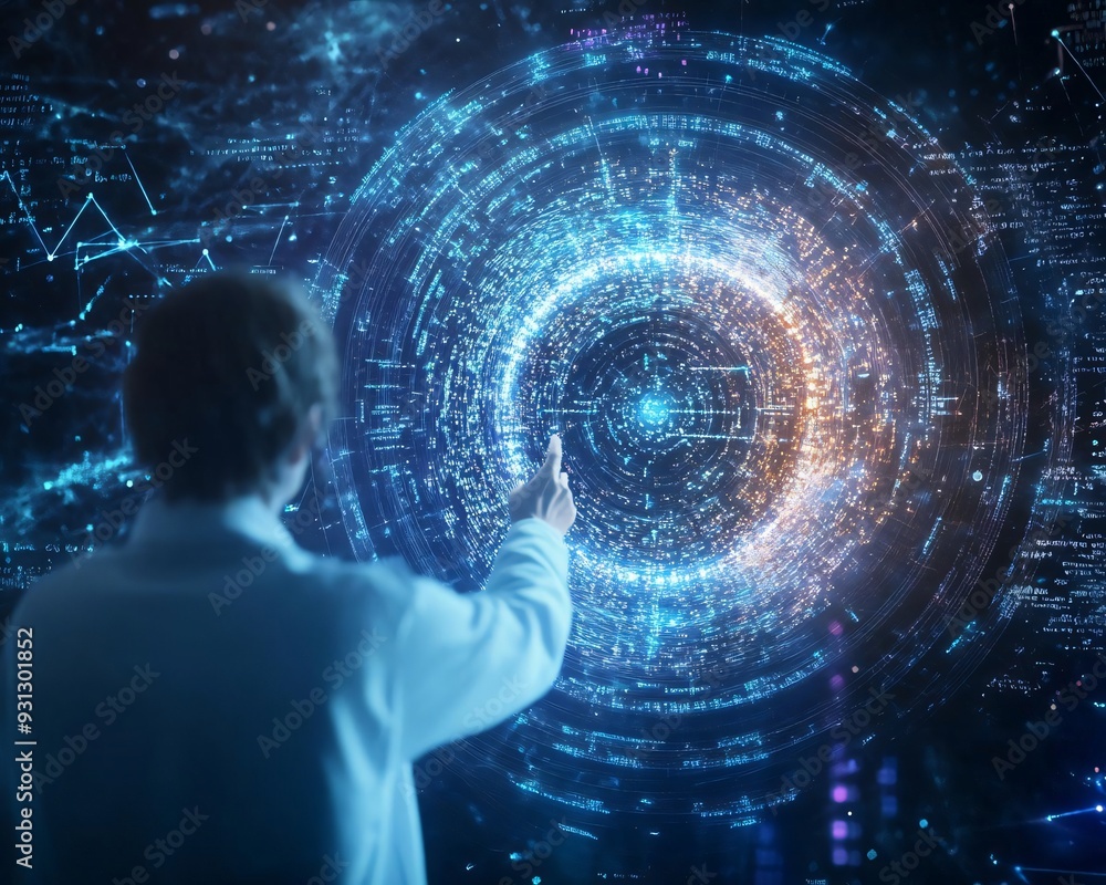 Poster a scientist interacts with a futuristic digital interface, exploring data and technology in a high-t