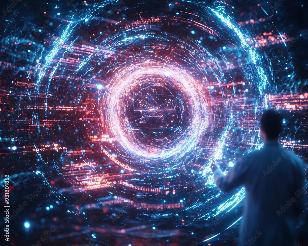 Poster a scientist explores a vibrant digital portal, merging technology and imagination in a futuristic se