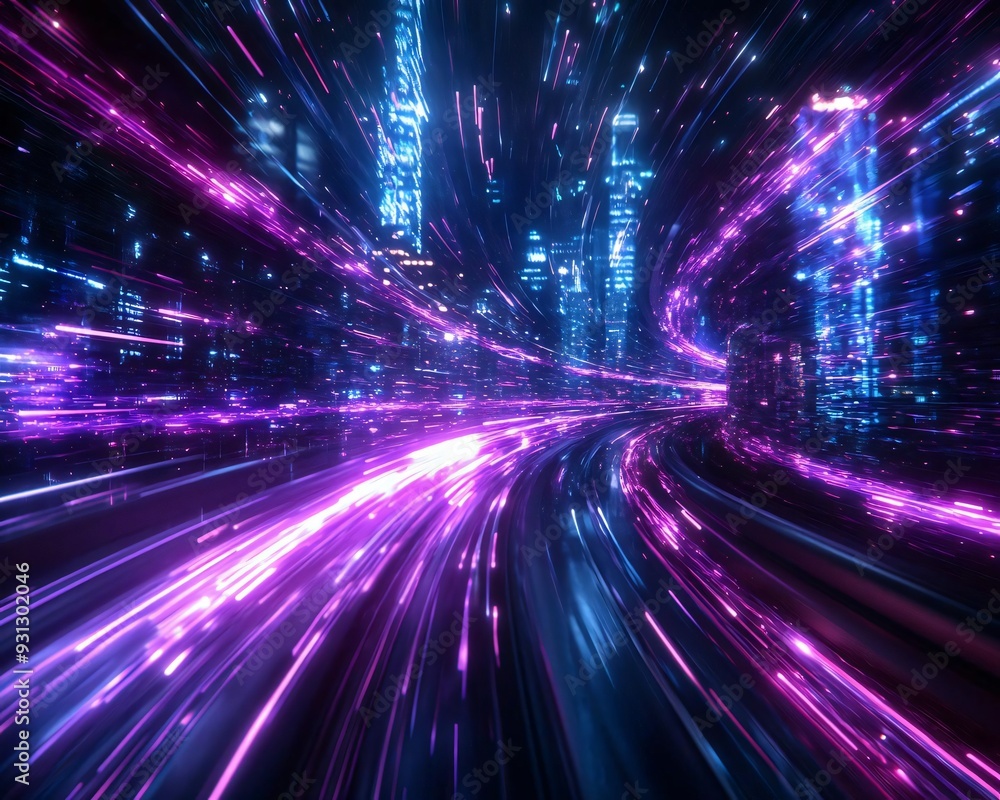 Poster a vibrant abstract representation of a futuristic cityscape with glowing lights and dynamic motion c