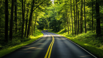 Obraz premium Enjoy a breathtaking summer drive through a vibrant green forest. --ar 16:9 --v 6.1 Job ID: 0ecd918a-3087-4659-bd30-cbe0ce65d9fb