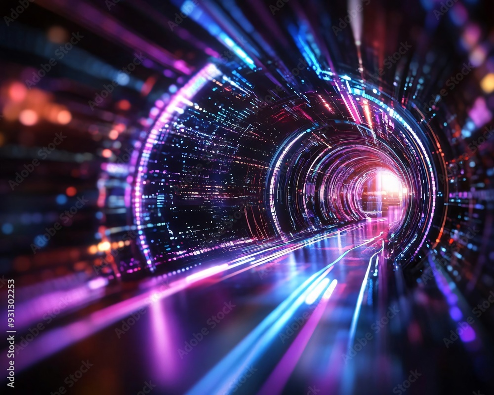 Poster a vibrant light tunnel with dynamic neon colors, symbolizing speed and technology in a futuristic se