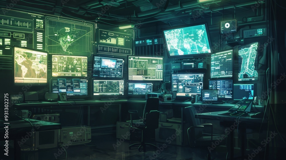 Poster futuristic control room filled with monitors displaying data and maps, ideal for tech, security, or 