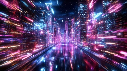 Fototapeta premium A vibrant futuristic cityscape illuminated by neon lights, showcasing a dynamic blend of colors and abstract designs.