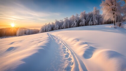 Obraz premium Footprints in fresh snow on a hill with a row of trees in winter in golden sunrise light