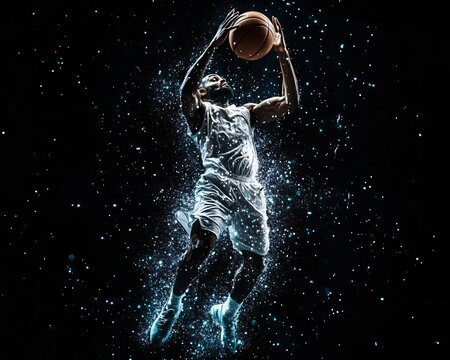Energetic basketball player soaring through the air, capturing the thrill of sports and movement in a dynamic composition.