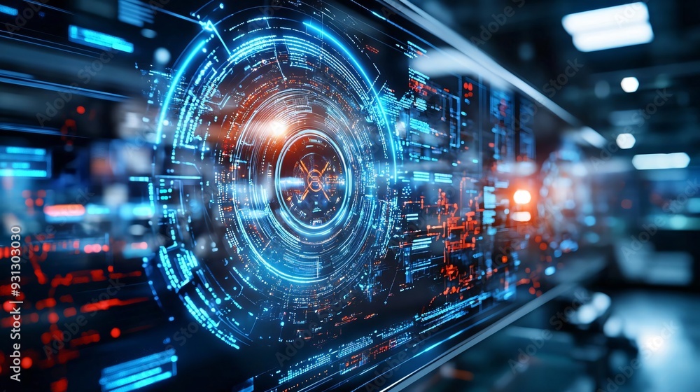 Poster futuristic digital interface with holographic elements and data visualizations. ideal for technology