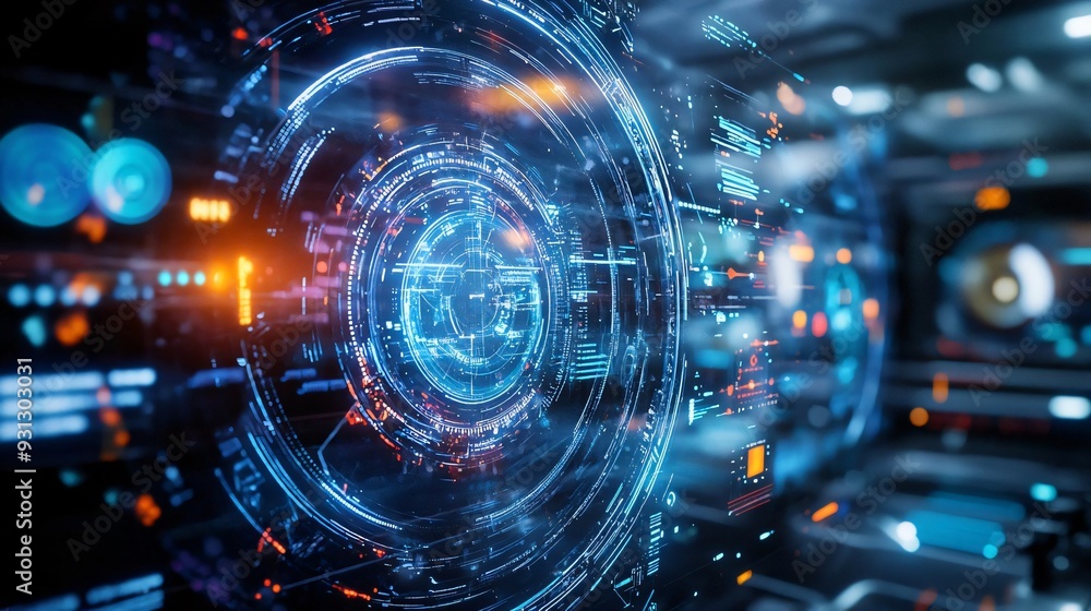 Poster futuristic digital interface with glowing elements and data visualization, perfect for technology an